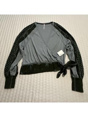 Free People Auxton Thermal Green & Blue Slouchy Wrap Shirt Top Long Sleeve XS